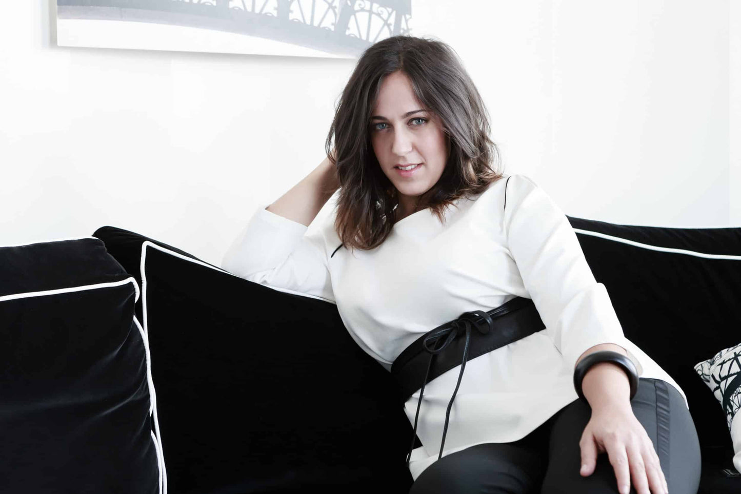 Paris Ecru blouse with black trim